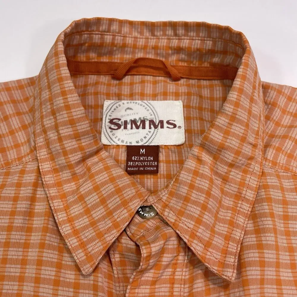 Simms Performance Shirt Mens Medium Orange Plaid Long Sleeve Fishing Outdoors